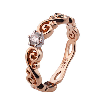 Помолвочное кольцо из красного золота с бриллиантом и завитками 911256Б